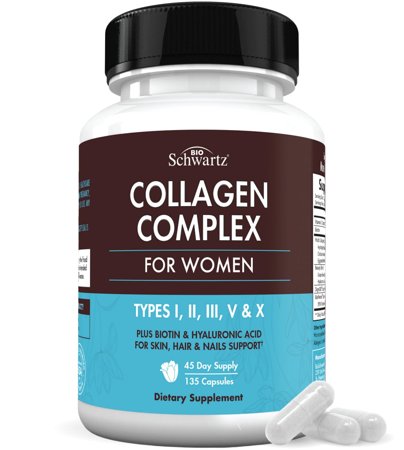 Hydrolyzed Collagen Peptide Capsules for Women - Multi Collagen Supplement Types I II III V X with Vitamin C Biotin Keratin - Skin Hair & Nails Support - 135 Capsules